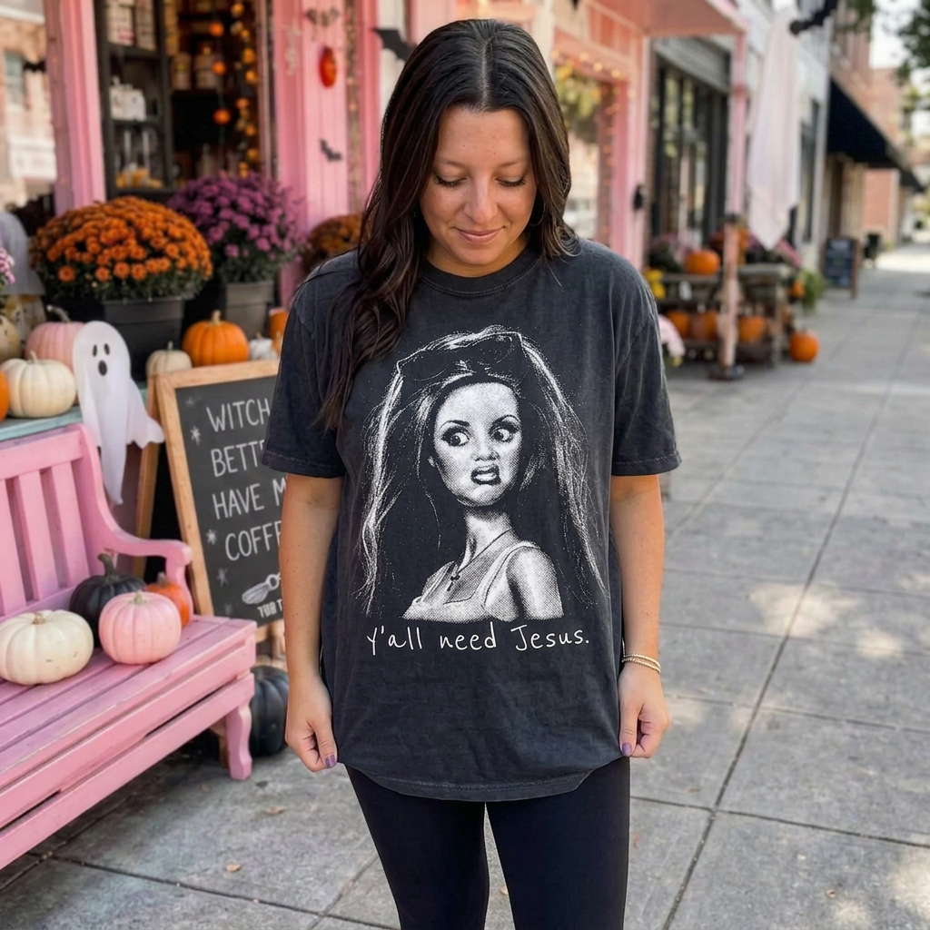 Y'all Need Jesus Doll Portrait T-shirt | Snarky Graphic Tee