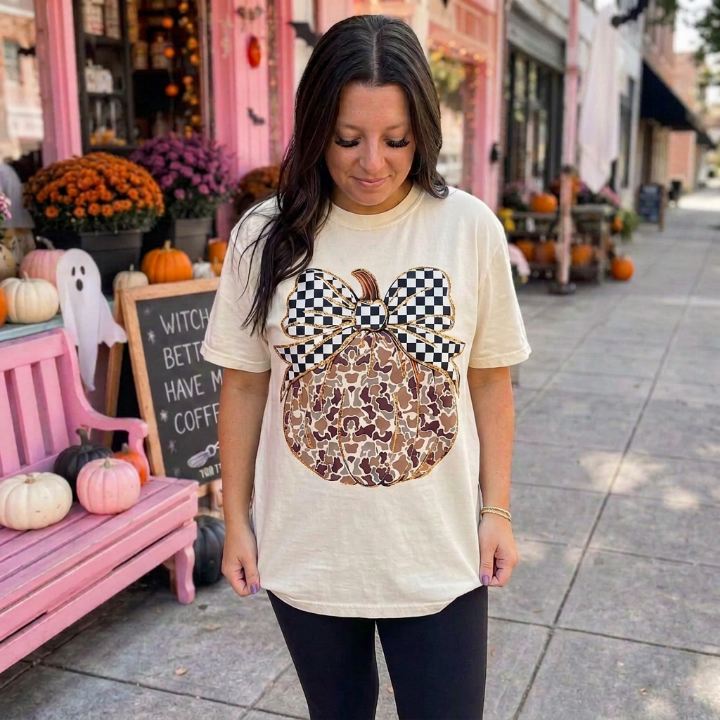 Outdoor Pattern Pumpkin Checker Bow - Comfort Colors Fall Halloween Woman's Tee